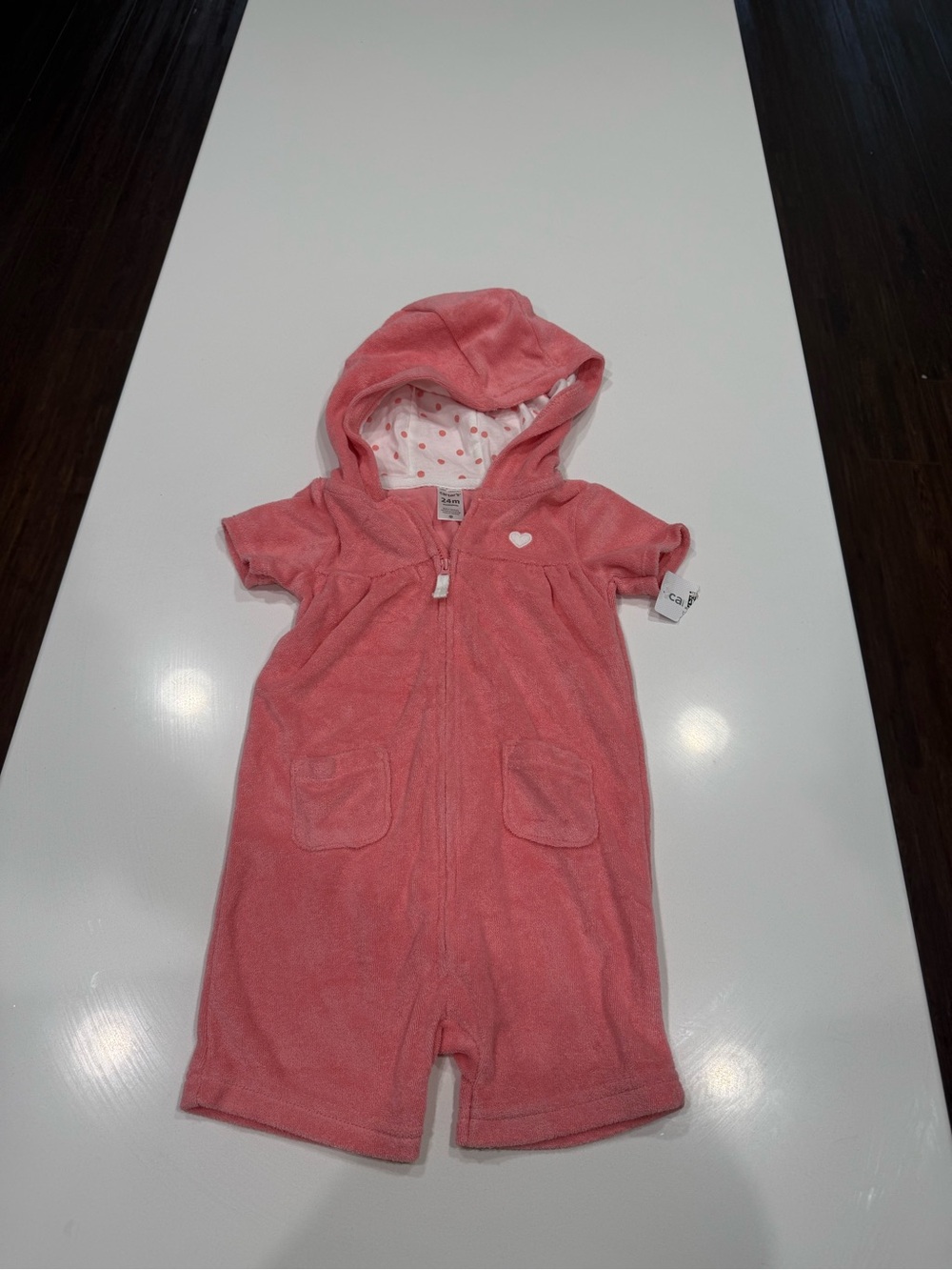 Carter’s Coral Pink Hooded Baby Bathing Suit Romper Coverup with Heart Detail